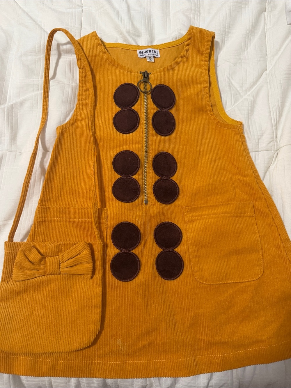 3 T Mustard Corduroy Pinafore Dress with Pocket Bag, worn once for a photo
